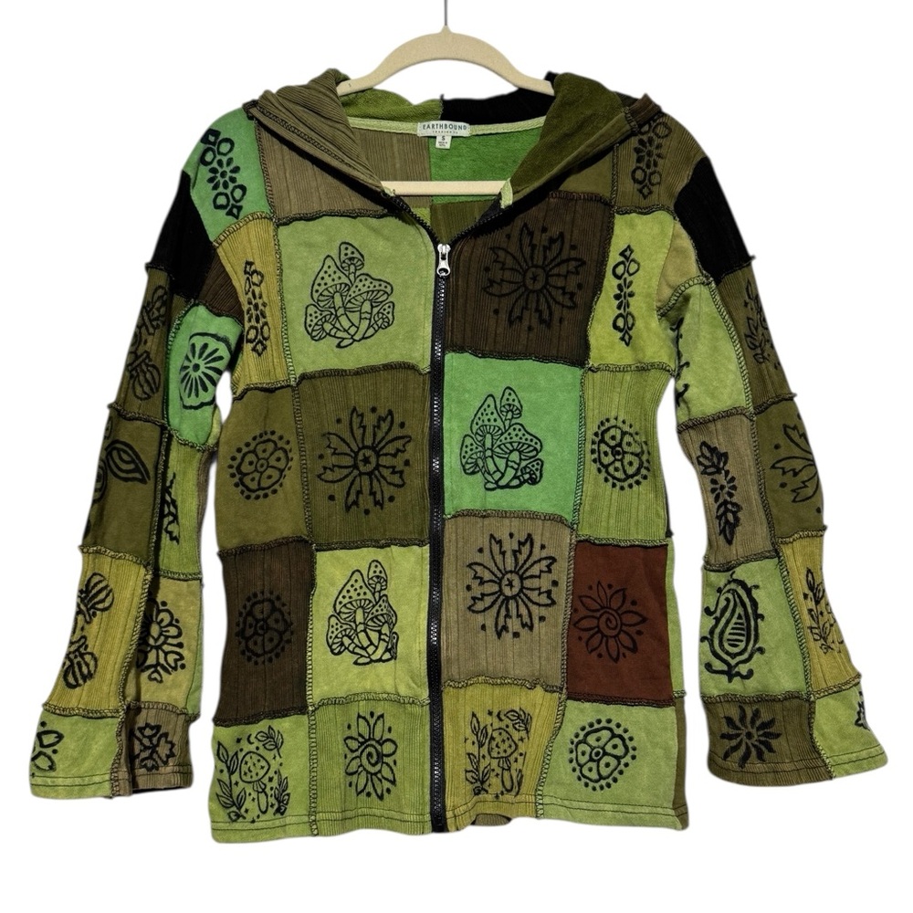 Earthbound Green Patchwork Hoodie Jacket Women’s Size S Mushroom Hippie 9”70s